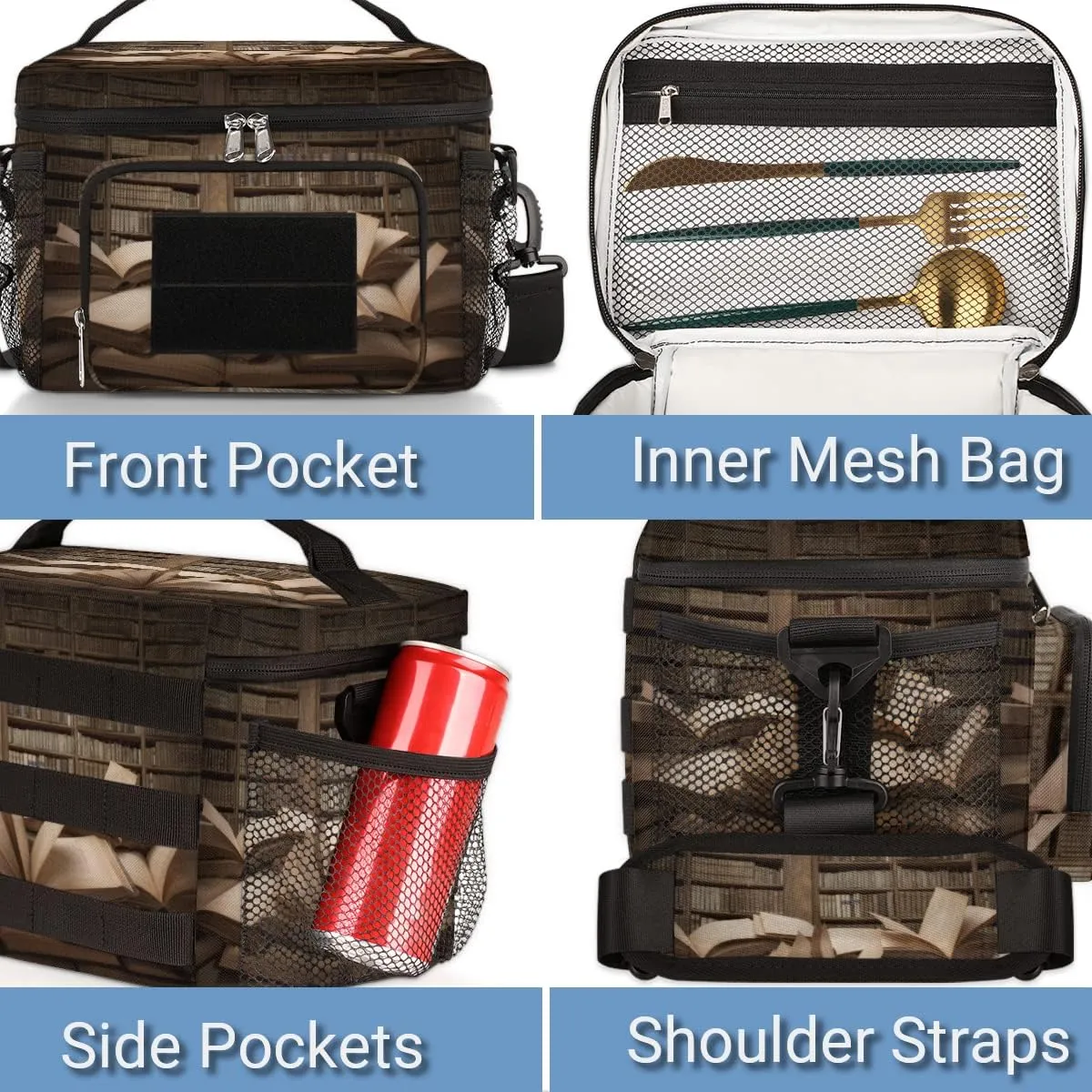 Lunch Bag Lunch Box for Women Men,With adjustable straps and side pockets,Reusable Insulated Lunch Tote Bags for Work,Travel,Picnic-Museum Knowledge Study Bookshelf Books