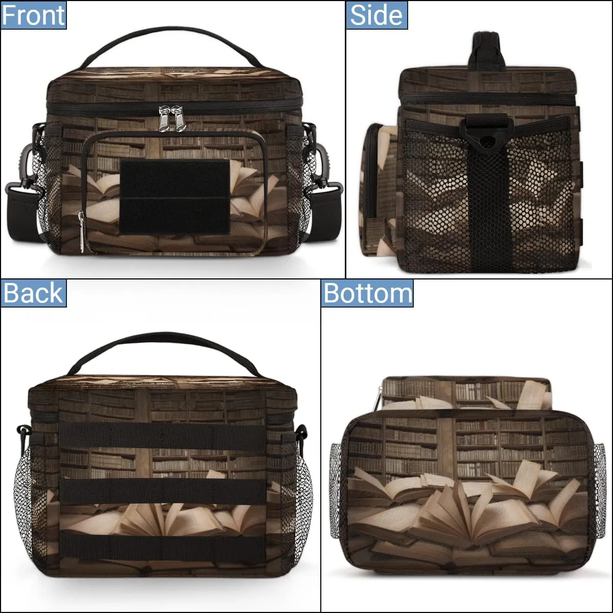 Lunch Bag Lunch Box for Women Men,With adjustable straps and side pockets,Reusable Insulated Lunch Tote Bags for Work,Travel,Picnic-Museum Knowledge Study Bookshelf Books
