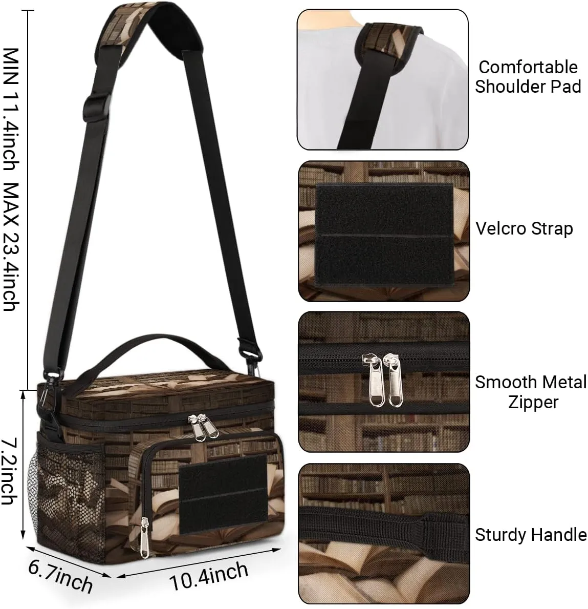 Lunch Bag Lunch Box for Women Men,With adjustable straps and side pockets,Reusable Insulated Lunch Tote Bags for Work,Travel,Picnic-Museum Knowledge Study Bookshelf Books