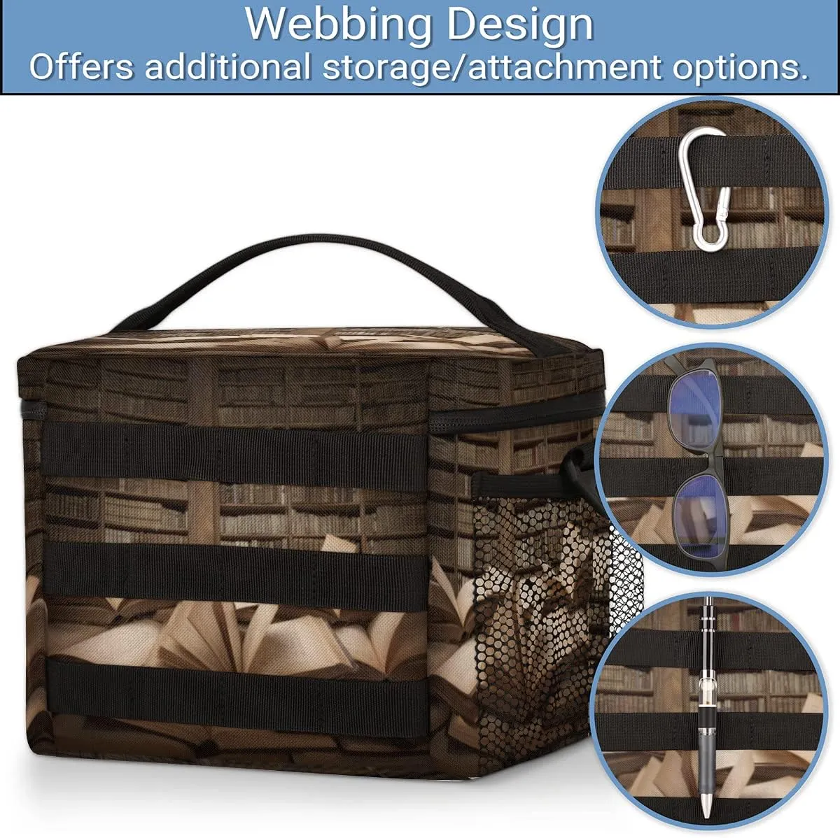 Lunch Bag Lunch Box for Women Men,With adjustable straps and side pockets,Reusable Insulated Lunch Tote Bags for Work,Travel,Picnic-Museum Knowledge Study Bookshelf Books