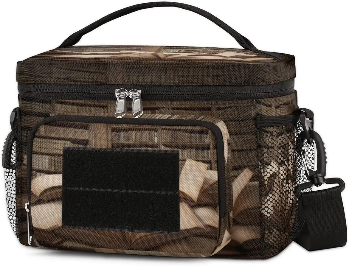 Lunch Bag Lunch Box for Women Men,With adjustable straps and side pockets,Reusable Insulated Lunch Tote Bags for Work,Travel,Picnic-Museum Knowledge Study Bookshelf Books