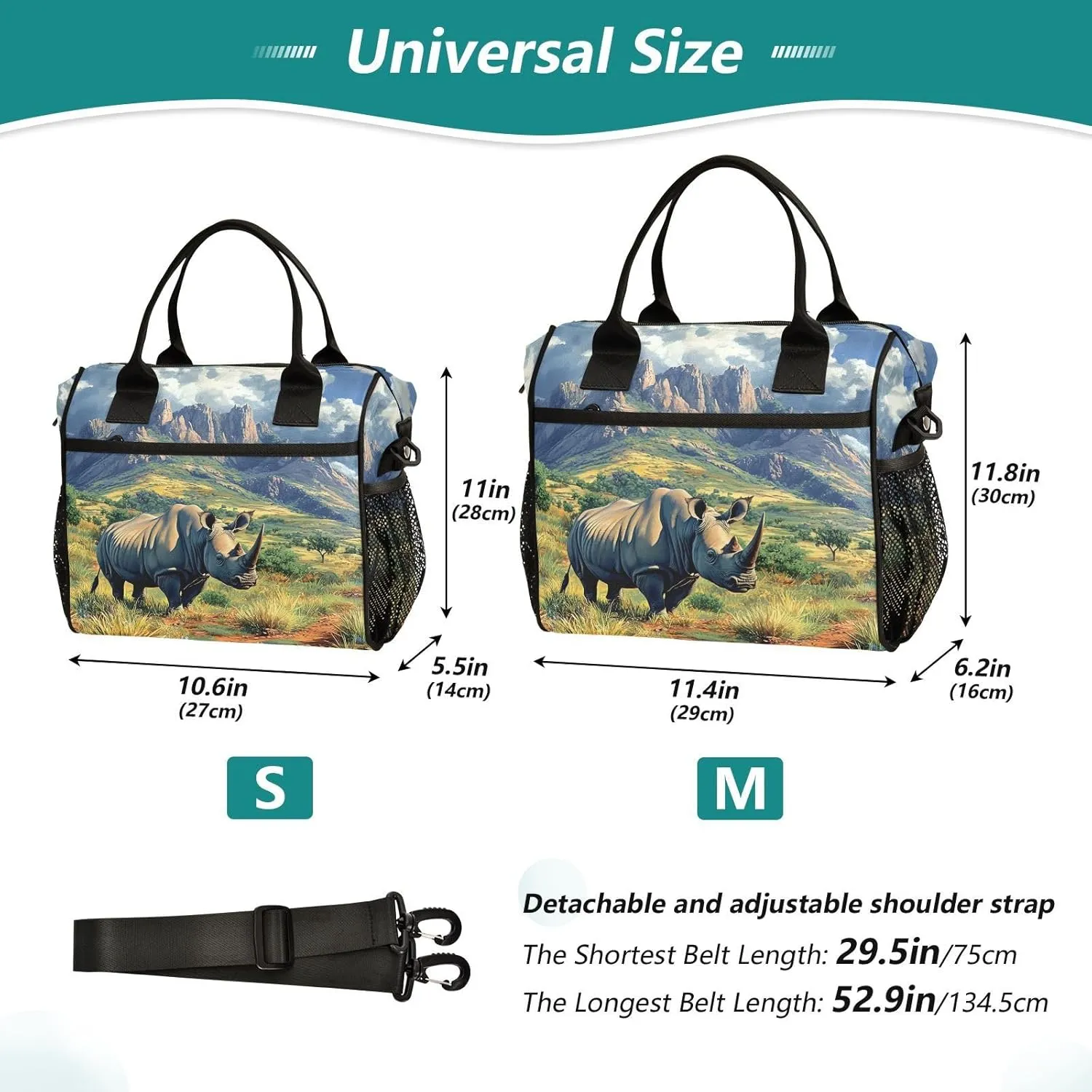 Lunch Bag Rhinoceros Landscape, Insulated Leakproof Lunch Box, High Capacity with Adjustable Strap M