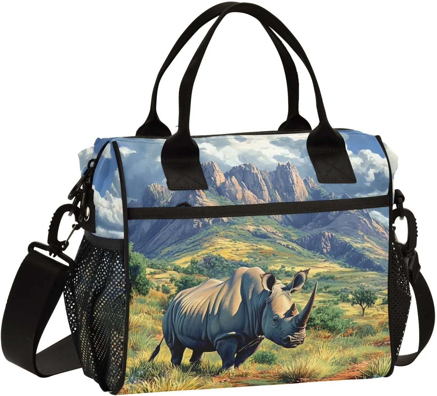Lunch Bag Rhinoceros Landscape, Insulated Leakproof Lunch Box, High Capacity with Adjustable Strap M