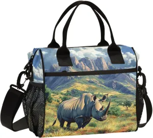 Lunch Bag Rhinoceros Landscape, Insulated Leakproof Lunch Box, High Capacity with Adjustable Strap M
