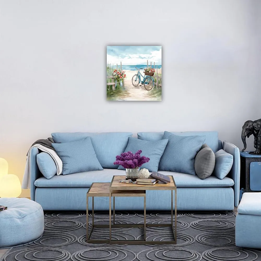 LURENCZH Coastal Canvas Wall Art Bicycle and Floral Picture Print Beach Scenery Painting for Bathroom Living Room Decor Framed(Bike-1,12.00" x 12.00")