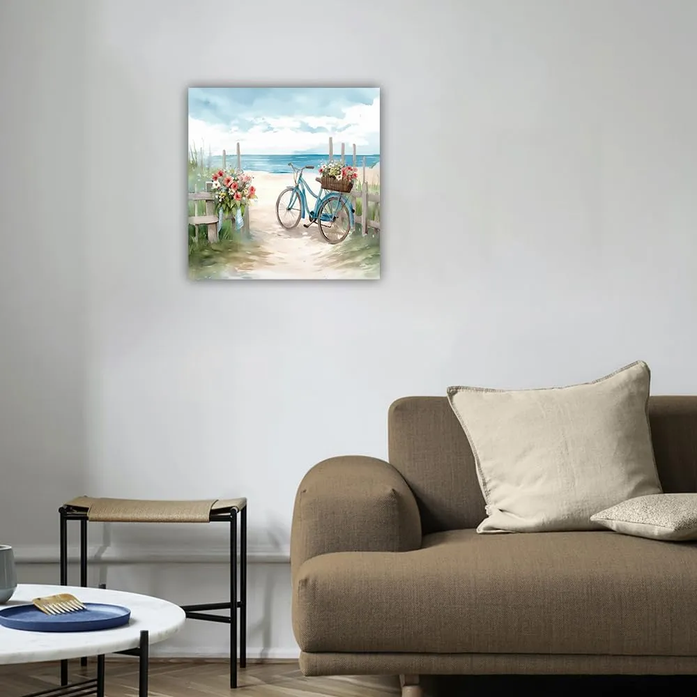 LURENCZH Coastal Canvas Wall Art Bicycle and Floral Picture Print Beach Scenery Painting for Bathroom Living Room Decor Framed(Bike-1,12.00" x 12.00")