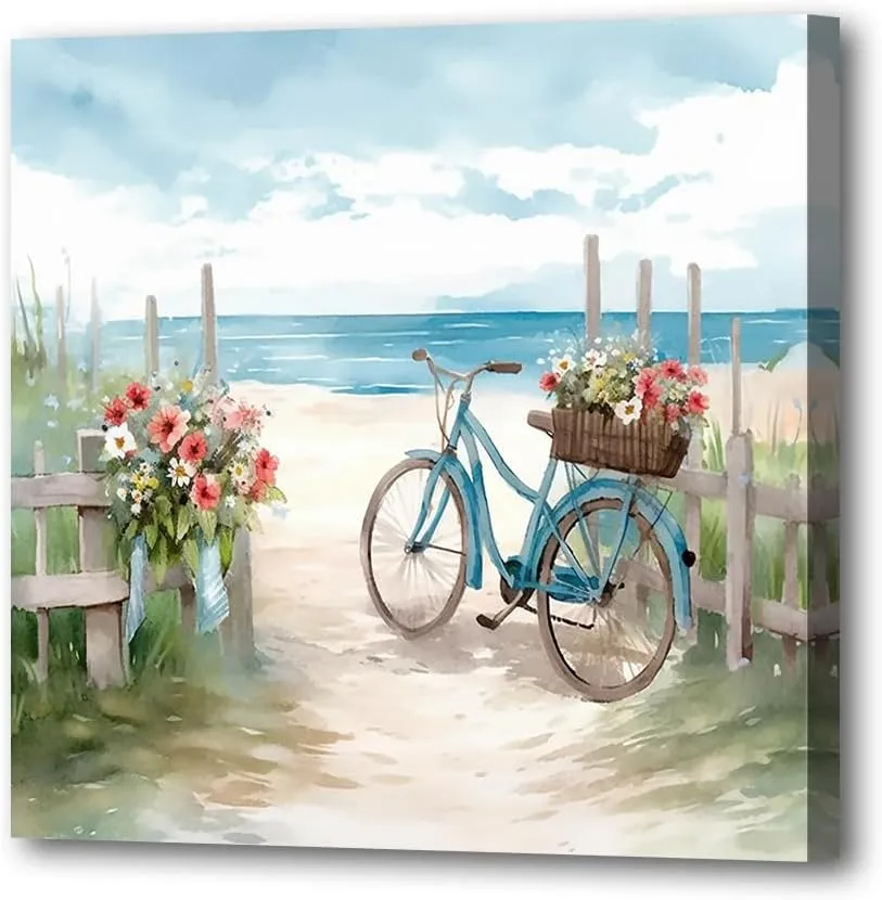 LURENCZH Coastal Canvas Wall Art Bicycle and Floral Picture Print Beach Scenery Painting for Bathroom Living Room Decor Framed(Bike-1,12.00" x 12.00")