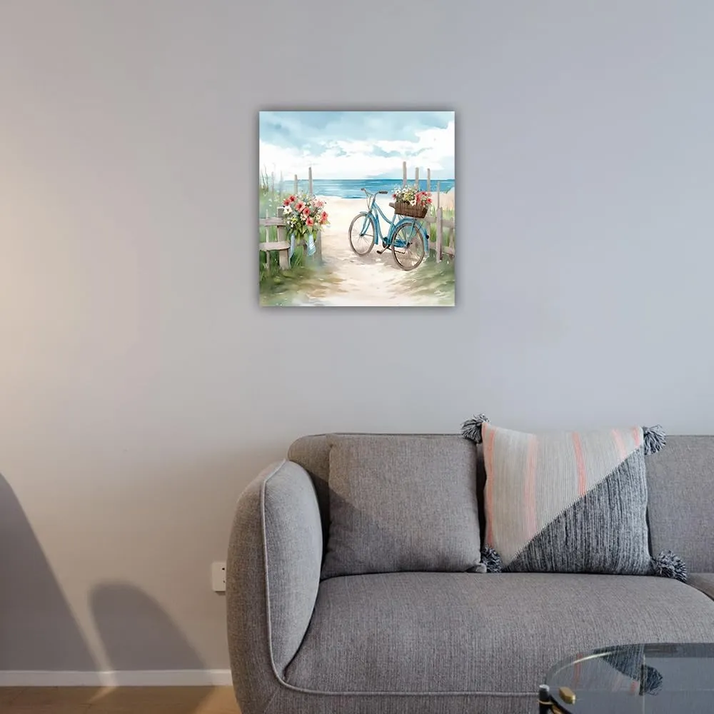 LURENCZH Coastal Canvas Wall Art Bicycle and Floral Picture Print Beach Scenery Painting for Bathroom Living Room Decor Framed(Bike-1,12.00" x 12.00")