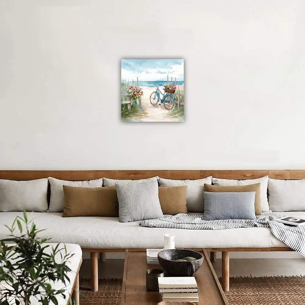 LURENCZH Coastal Canvas Wall Art Bicycle and Floral Picture Print Beach Scenery Painting for Bathroom Living Room Decor Framed(Bike-1,12.00" x 12.00")