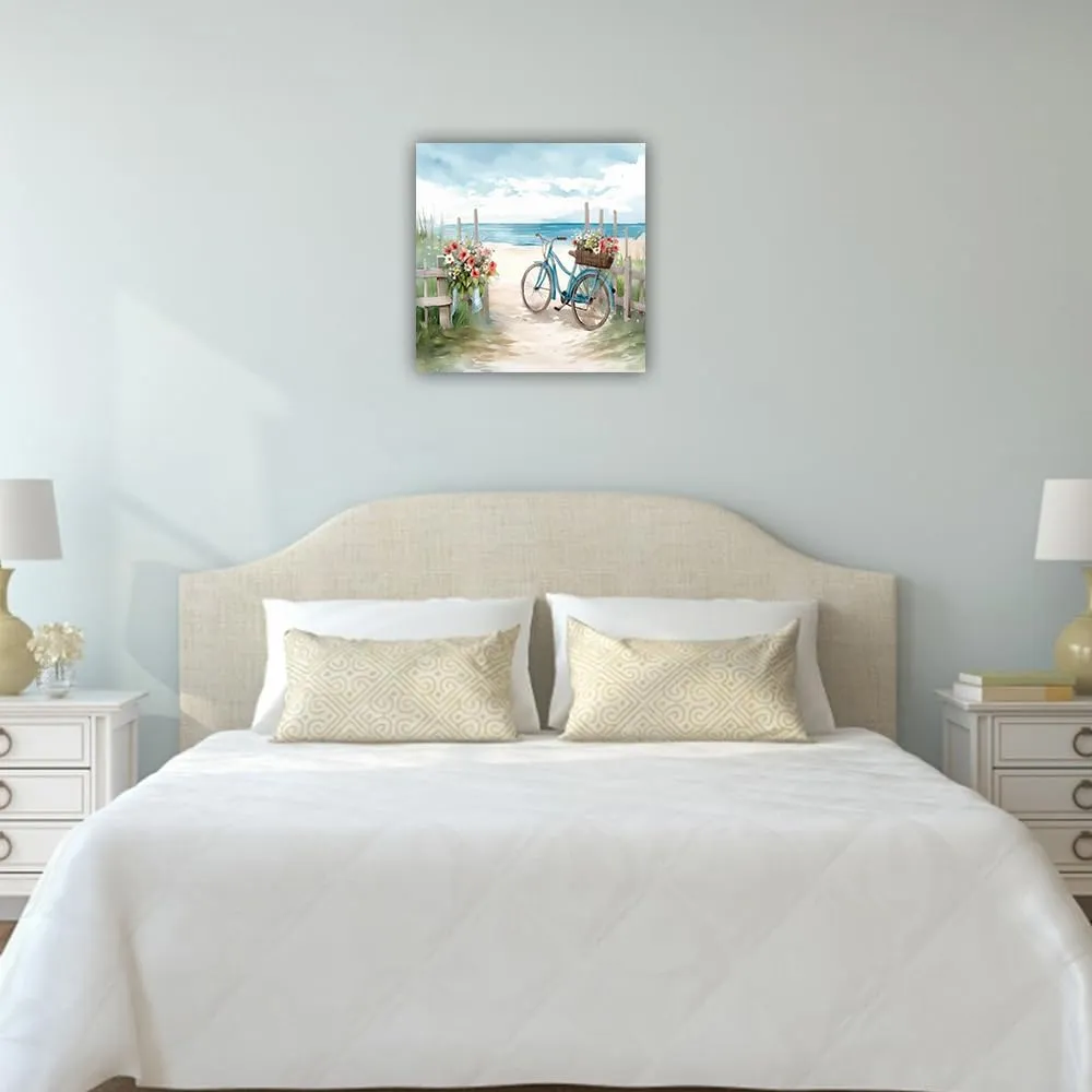 LURENCZH Coastal Canvas Wall Art Bicycle and Floral Picture Print Beach Scenery Painting for Bathroom Living Room Decor Framed(Bike-1,12.00" x 12.00")