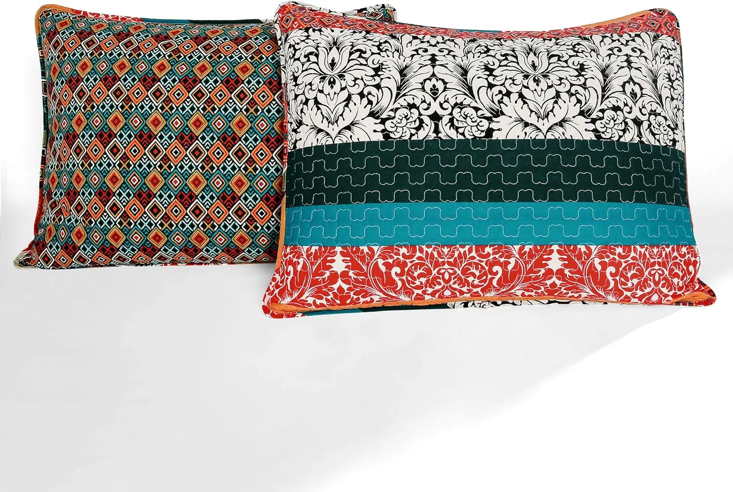 Lush Decor Boho Stripe Reversible Cotton Quilt 3-Piece Set, King, Turquoise & Tangerine - Bold Colorful Bohemian Bedding Set