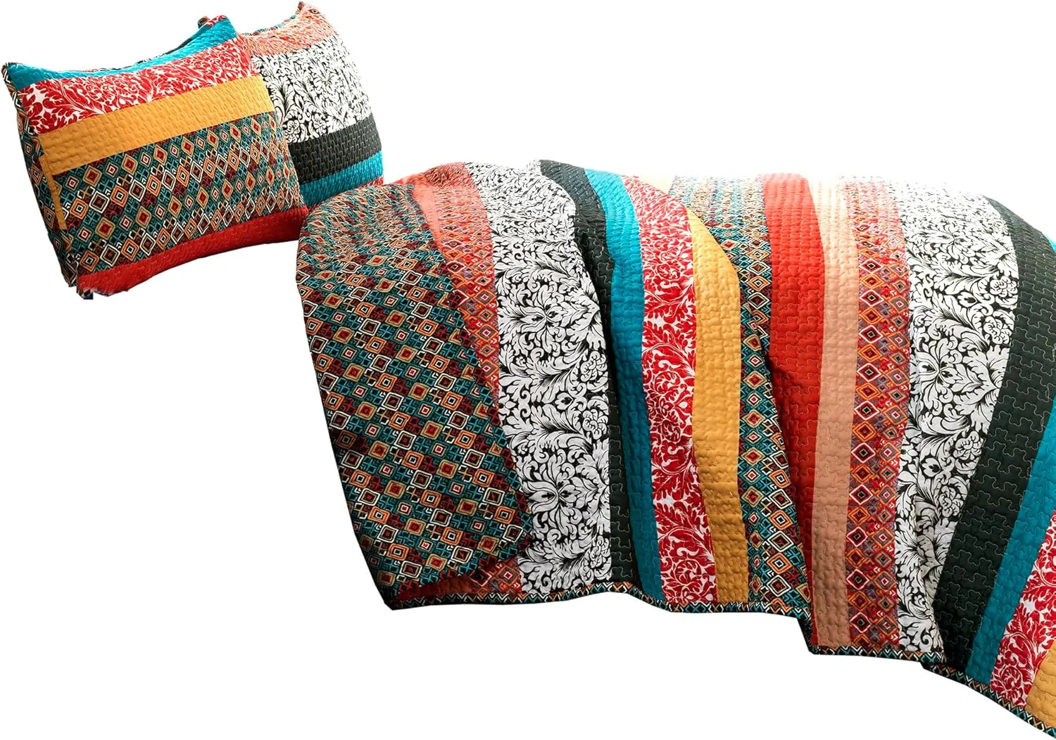 Lush Decor Boho Stripe Reversible Cotton Quilt 3-Piece Set, King, Turquoise & Tangerine - Bold Colorful Bohemian Bedding Set