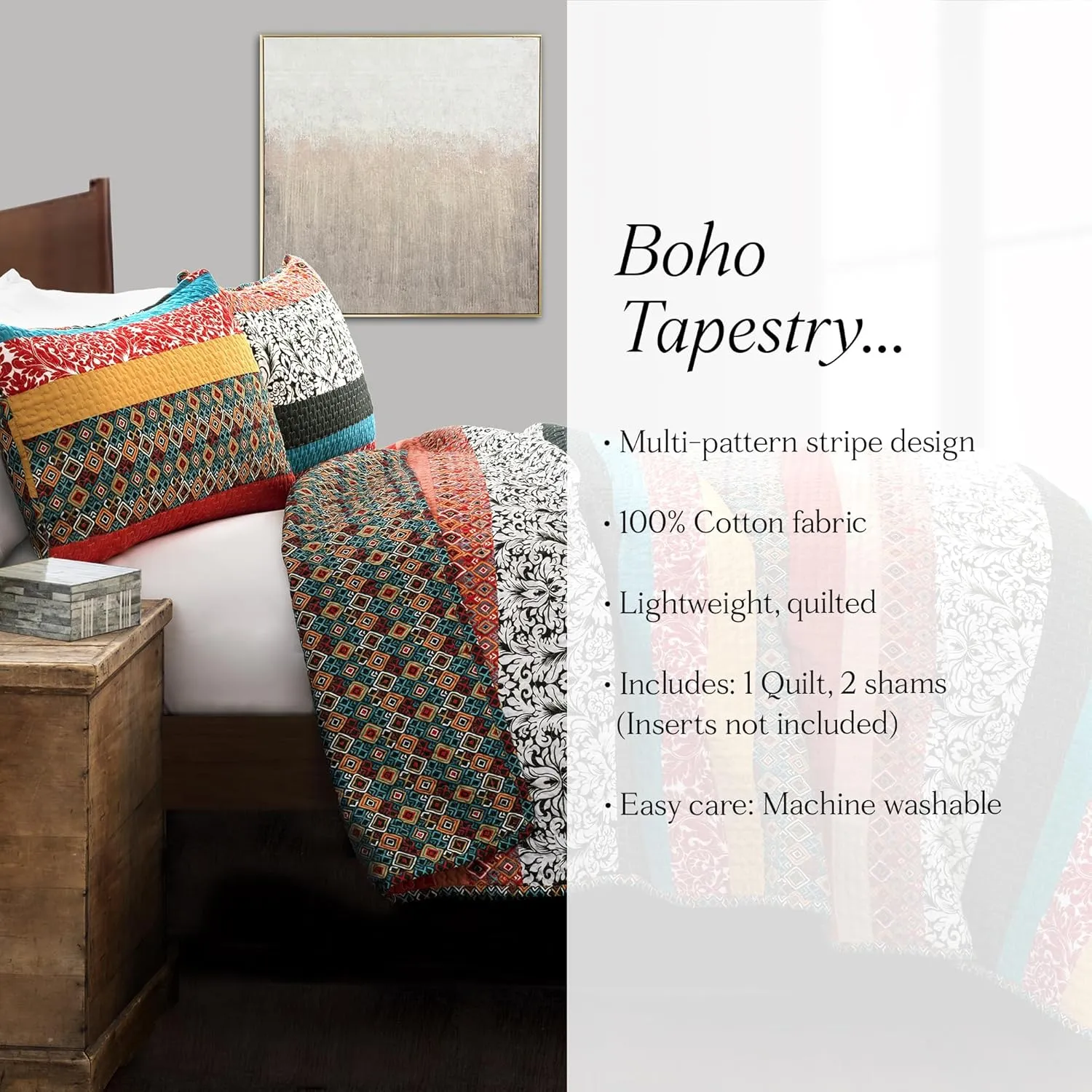 Lush Decor Boho Stripe Reversible Cotton Quilt 3-Piece Set, King, Turquoise & Tangerine - Bold Colorful Bohemian Bedding Set
