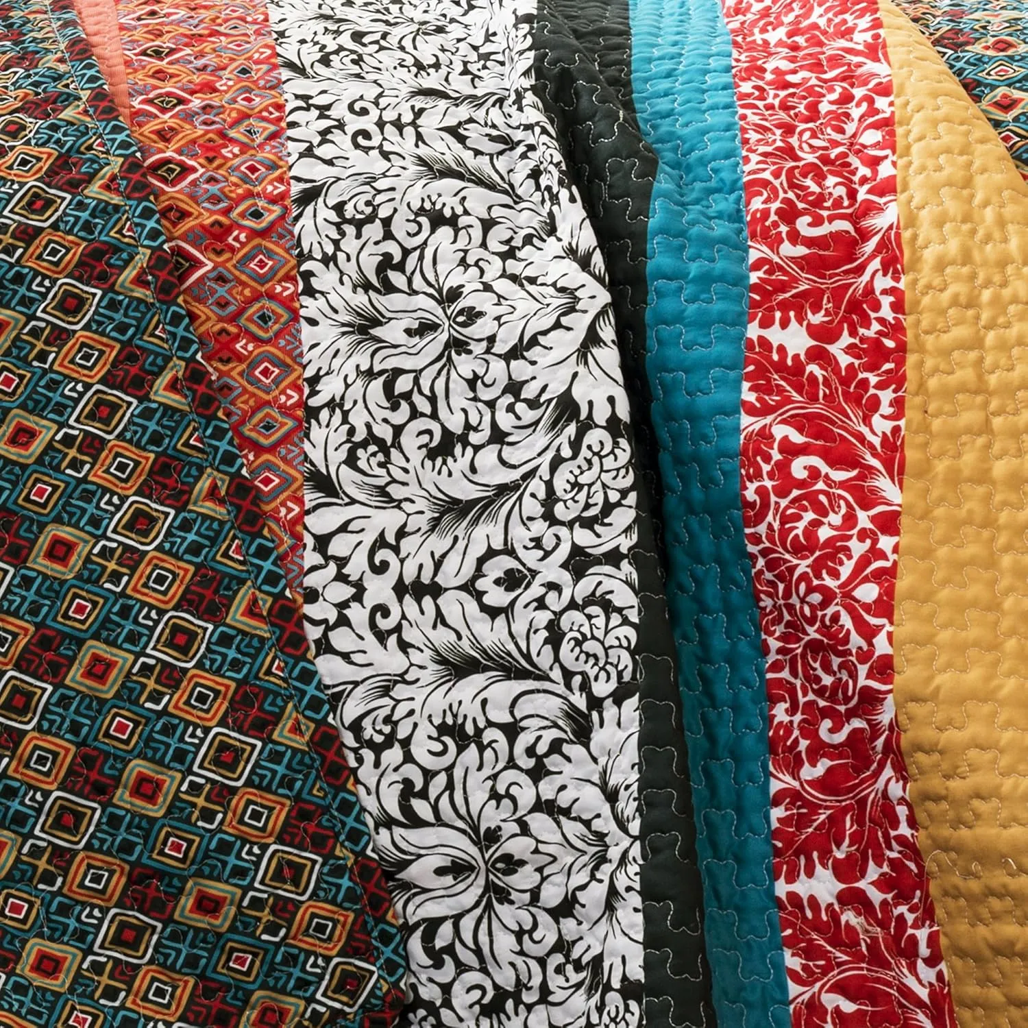 Lush Decor Boho Stripe Reversible Cotton Quilt 3-Piece Set, King, Turquoise & Tangerine - Bold Colorful Bohemian Bedding Set