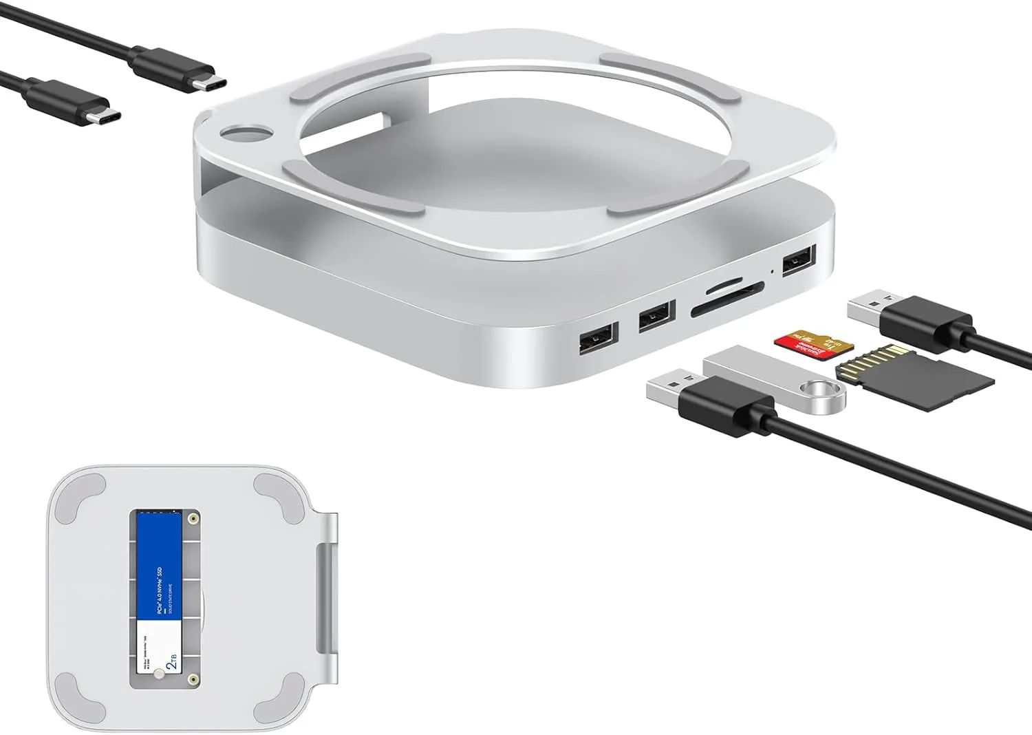 Mac Mini Dock and Stand for Mac Mini M4 and M4 Pro 2024 with M.2 NVMe SSD Enclosure, Dual USB-A 10Gbps, SD/TF Card Readers, USB 2.0