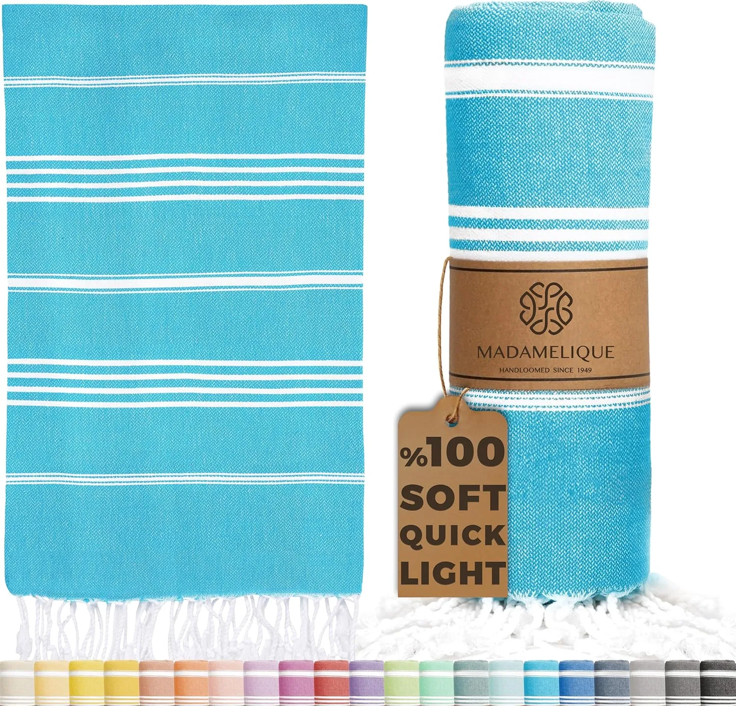 Madamelique Turkish Beach Towel Oversized - 39 x 74 - Quick Dry - Sand Free - Extra Large - Prewashed Beach Towels - Summer Gift - Beach Essentials (Mediterranean Without Bag, Turquoise)