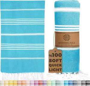 Madamelique Turkish Beach Towel Oversized - 39 x 74 - Quick Dry - Sand Free - Extra Large - Prewashed Beach Towels - Summer Gift - Beach Essentials (Mediterranean Without Bag, Turquoise)
