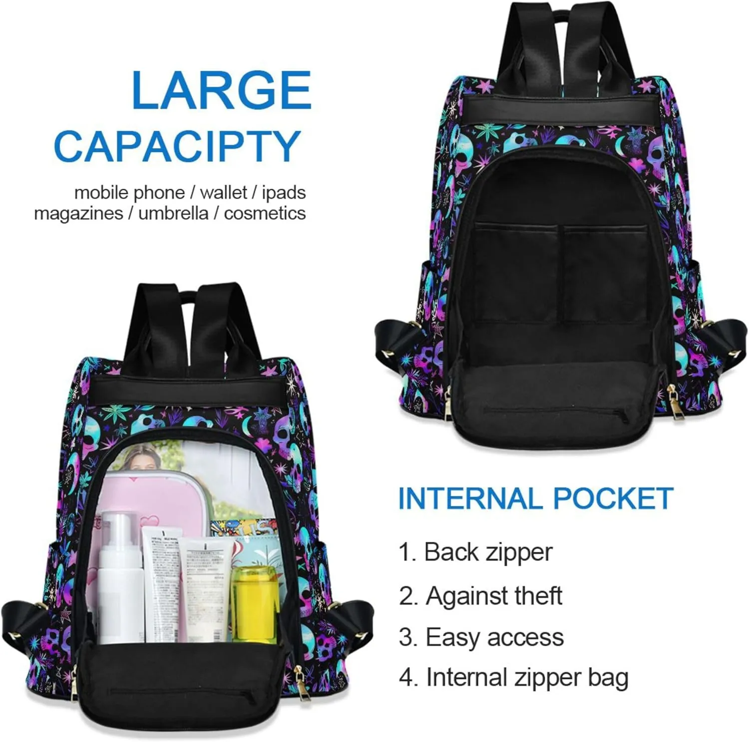 Magic Skull Backpack Purse for Women - Nylon Anti-Theft Travel Backpack, Fashionable Shoulder Bag for Daily Use
