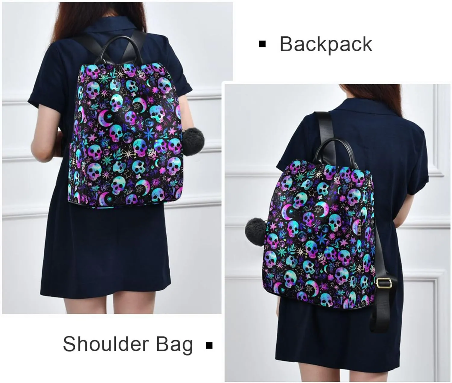 Magic Skull Backpack Purse for Women - Nylon Anti-Theft Travel Backpack, Fashionable Shoulder Bag for Daily Use