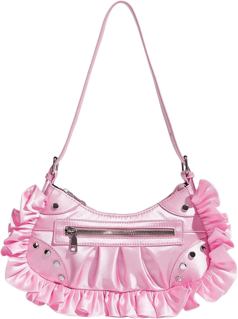 MakeMeChic Women's Buckle Shoulder Bag Top Handle Zipper Ruffle Y2K Hobo Handbag Clutch