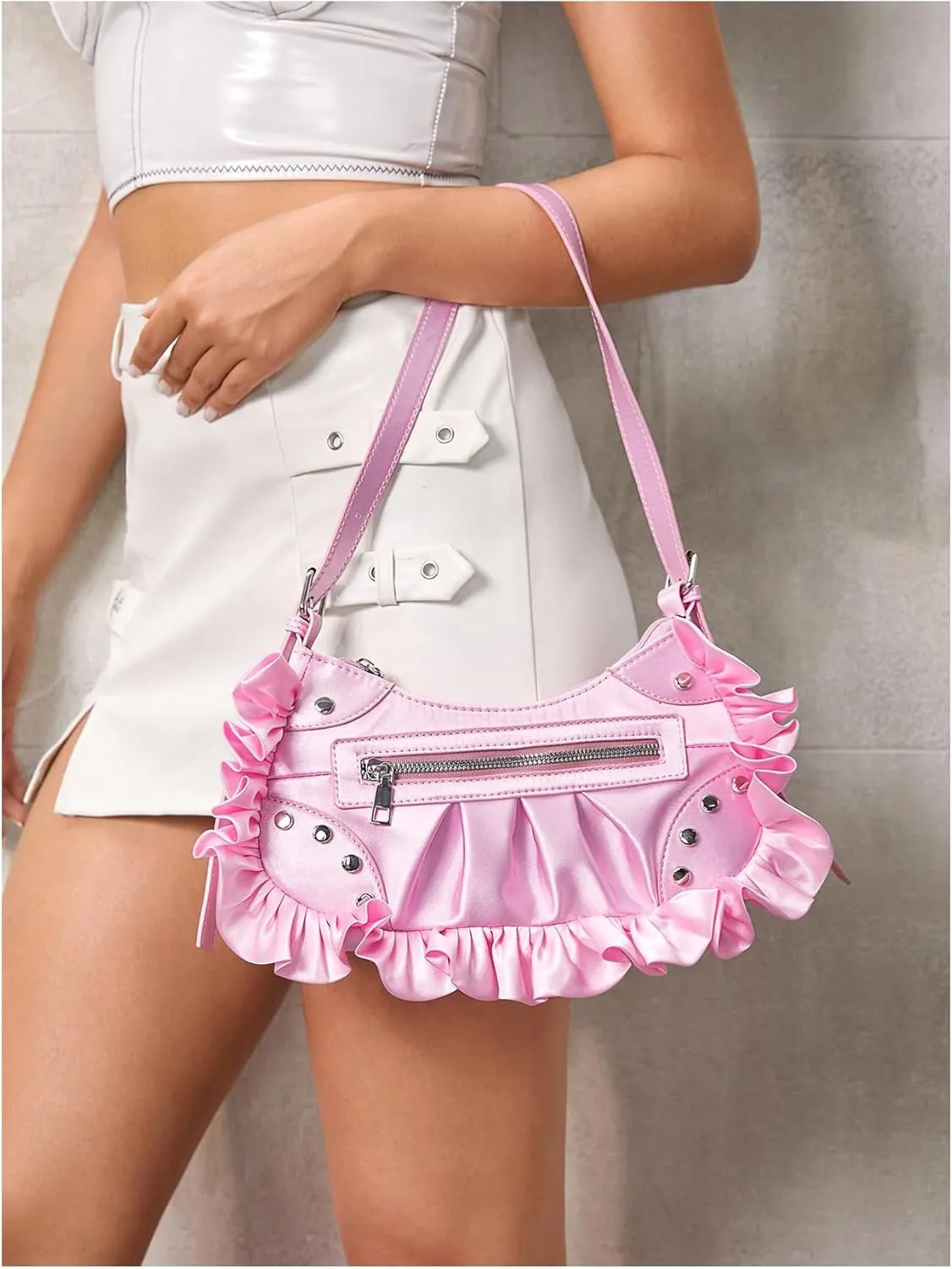 MakeMeChic Women's Buckle Shoulder Bag Top Handle Zipper Ruffle Y2K Hobo Handbag Clutch