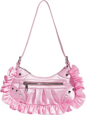 MakeMeChic Women's Buckle Shoulder Bag Top Handle Zipper Ruffle Y2K Hobo Handbag Clutch