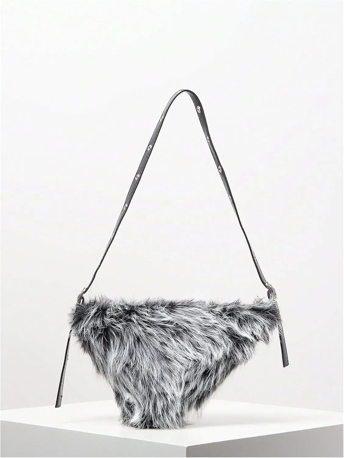 MakeMeChic Women's Faux Fur Top Handle Triangle Shoulder Handbag Teddy Plush Purse Y2K Tote Bag
