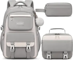 Makukke School Backpack for Girls Book Bag Set, School Bag for Teens Girls Kid Children Elementary Middle School Student, Waterproof Gray Backpack