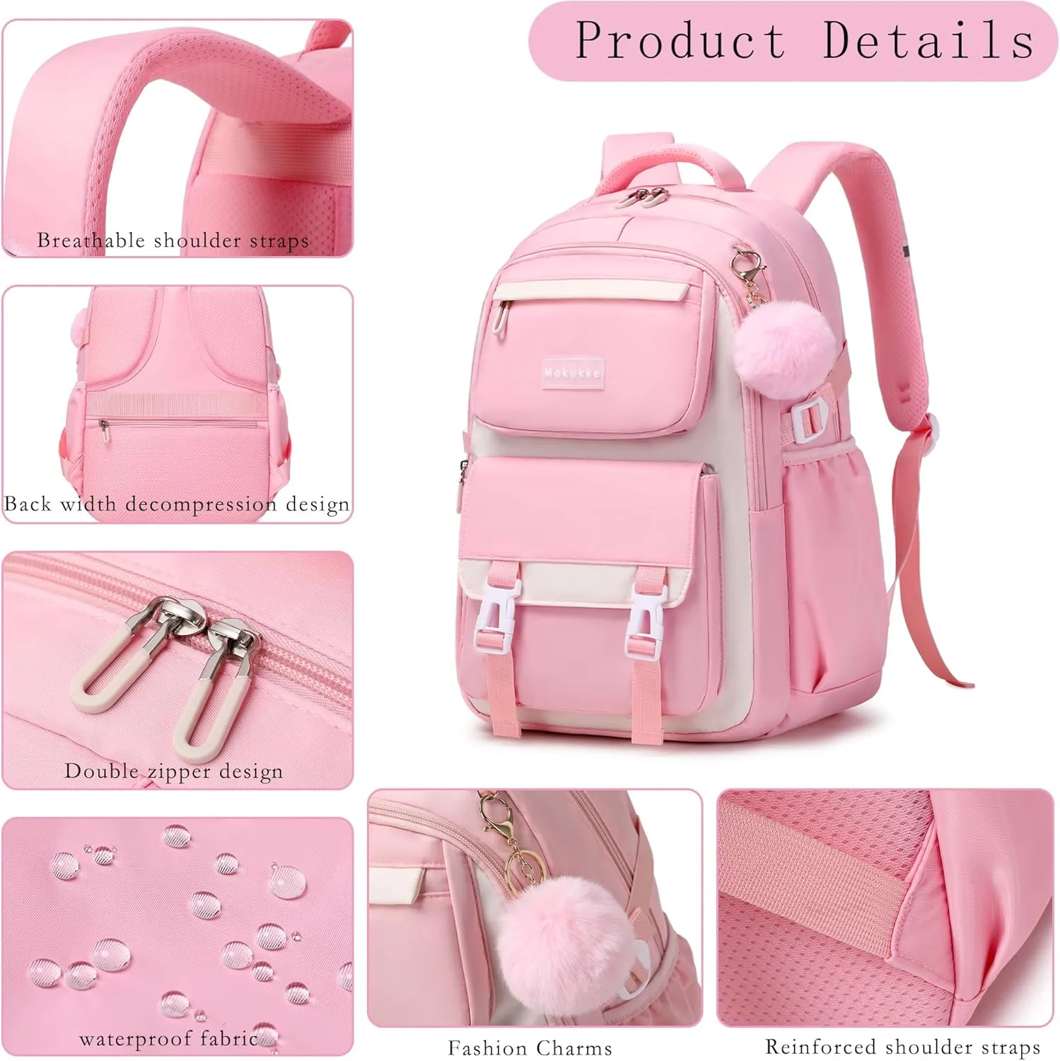 Makukke School Backpack for Girls Book Bag Set, School Bag for Teens Girls Kid Children Elementary Middle School Student, Waterproof Gray Backpack