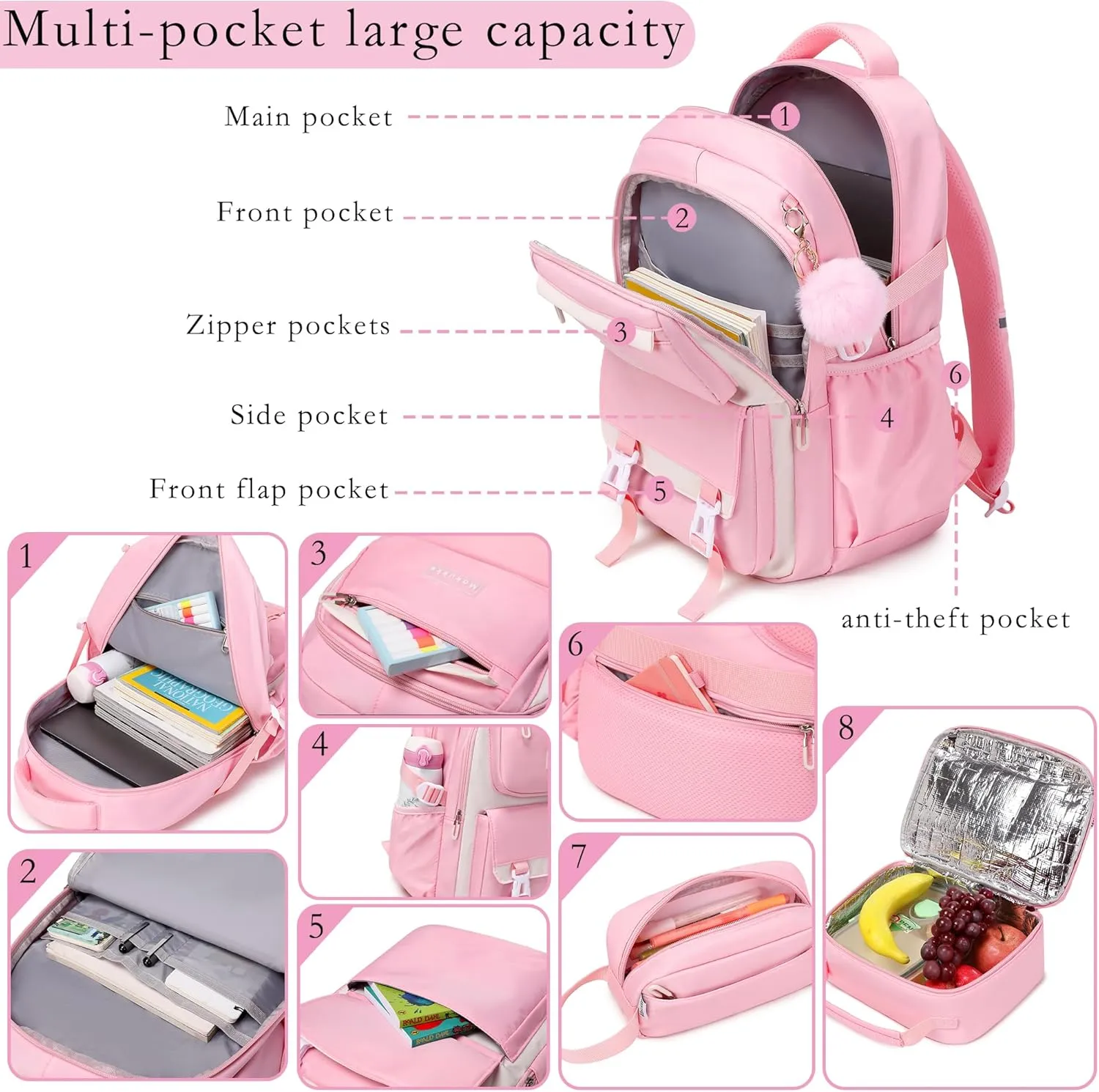 Makukke School Backpack for Girls Book Bag Set, School Bag for Teens Girls Kid Children Elementary Middle School Student, Waterproof Gray Backpack