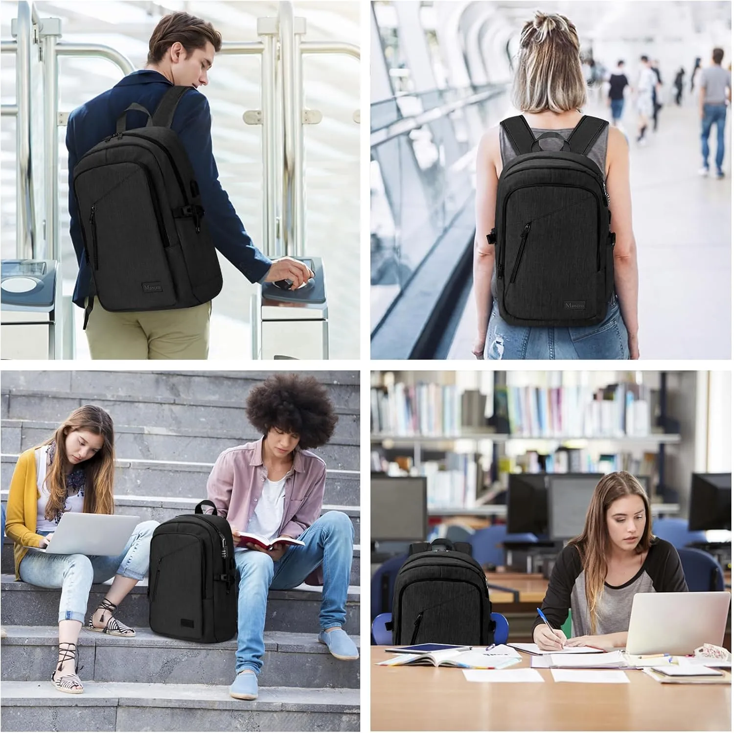 Mancro Business Travel Laptop Backpack, Anti Theft Slim Laptop Bag with USB Charging Port for Men and Women, Water Resistant Computer Bag Fits 15.6 Inch Laptop and Notebook (Black)