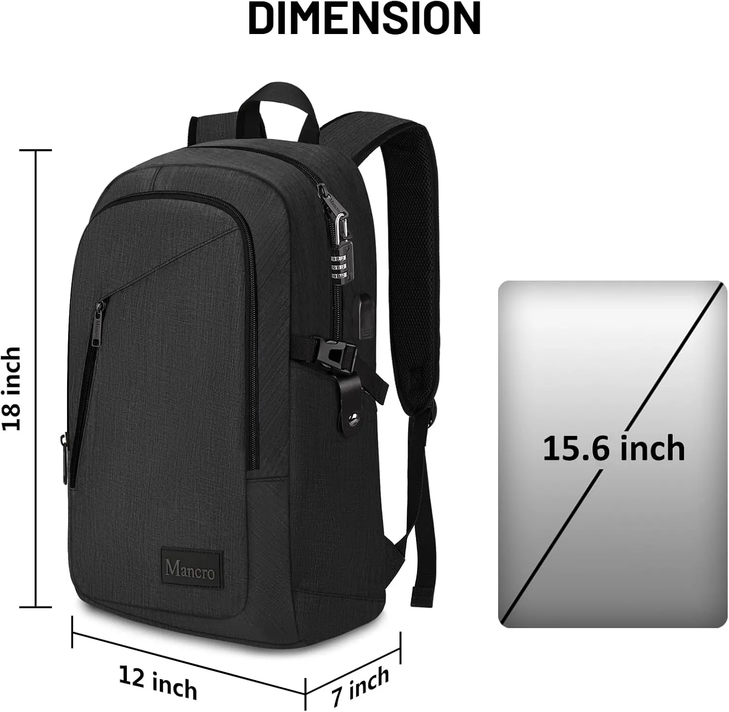 Mancro Business Travel Laptop Backpack, Anti Theft Slim Laptop Bag with USB Charging Port for Men and Women, Water Resistant Computer Bag Fits 15.6 Inch Laptop and Notebook (Black)