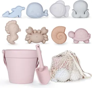 MarcZero 11Pcs Silicone Beach Toys,Modern Baby Beach Toys,Travel Friendly Beach Set,Silicone Bucket, Shovel, 8 Sand Molds, Beach Bag,Silicone Sand Toys for Toddlers, Kids (Pink)