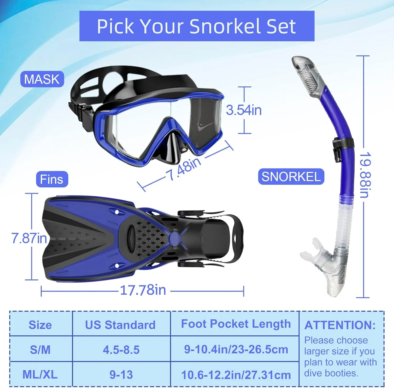 Mask Fins Snorkeling Gear for Adults Men Women, Panoramic View Diving Mask, Anti-Fog Dry Top Snorkel, Adjustable Freediving Swimming Fins/Flippers, Travel Bags for Lap Swimming