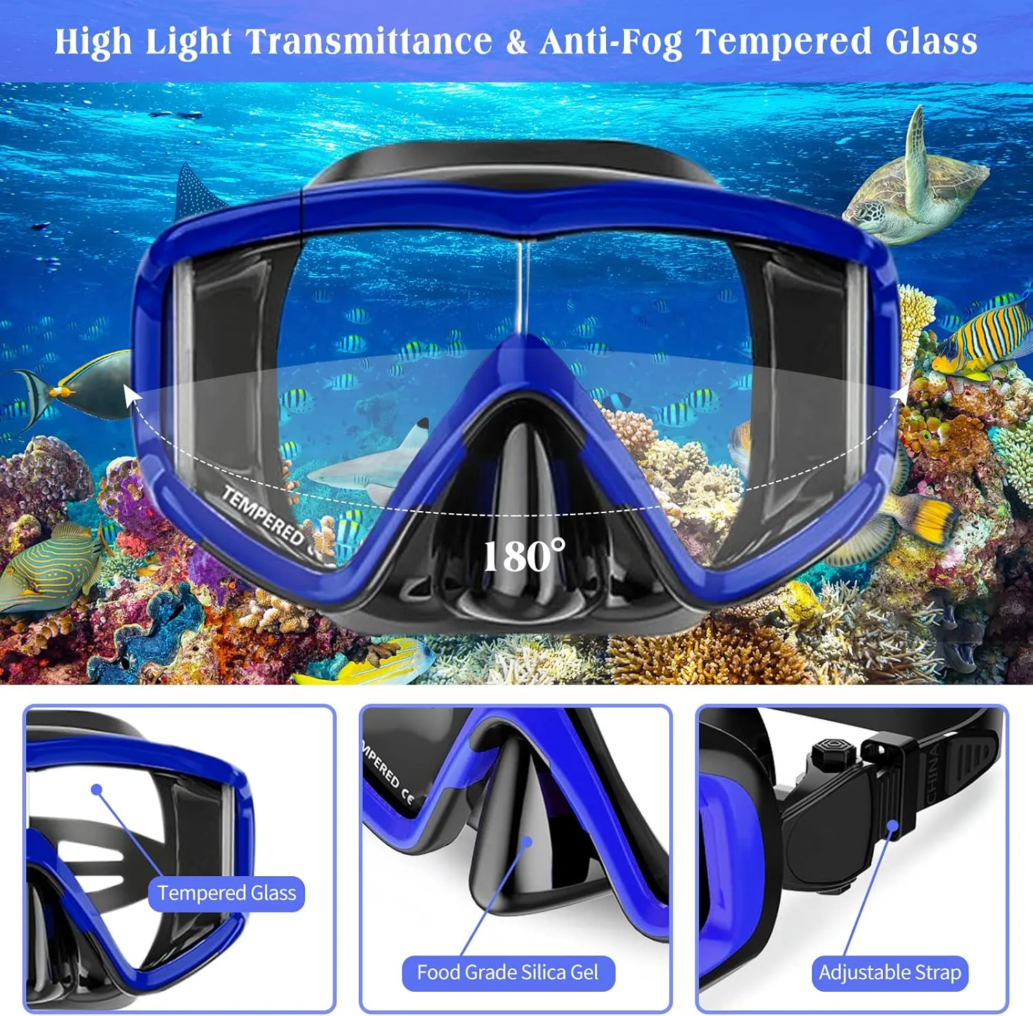 Mask Fins Snorkeling Gear for Adults Men Women, Panoramic View Diving Mask, Anti-Fog Dry Top Snorkel, Adjustable Freediving Swimming Fins/Flippers, Travel Bags for Lap Swimming