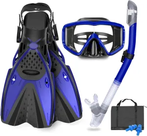 Mask Fins Snorkeling Gear for Adults Men Women, Panoramic View Diving Mask, Anti-Fog Dry Top Snorkel, Adjustable Freediving Swimming Fins/Flippers, Travel Bags for Lap Swimming