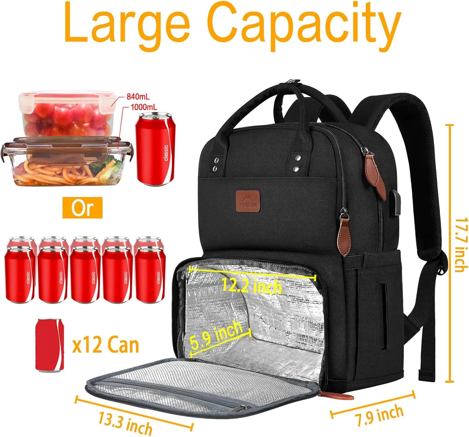 MATEIN 17 Inches Lunch Backpack, Extra Large Lunch Box with Insulated Cooler Compartment, Water Resistant Laptop Backpack with USB Charging Port for College Work Picnic Beaches