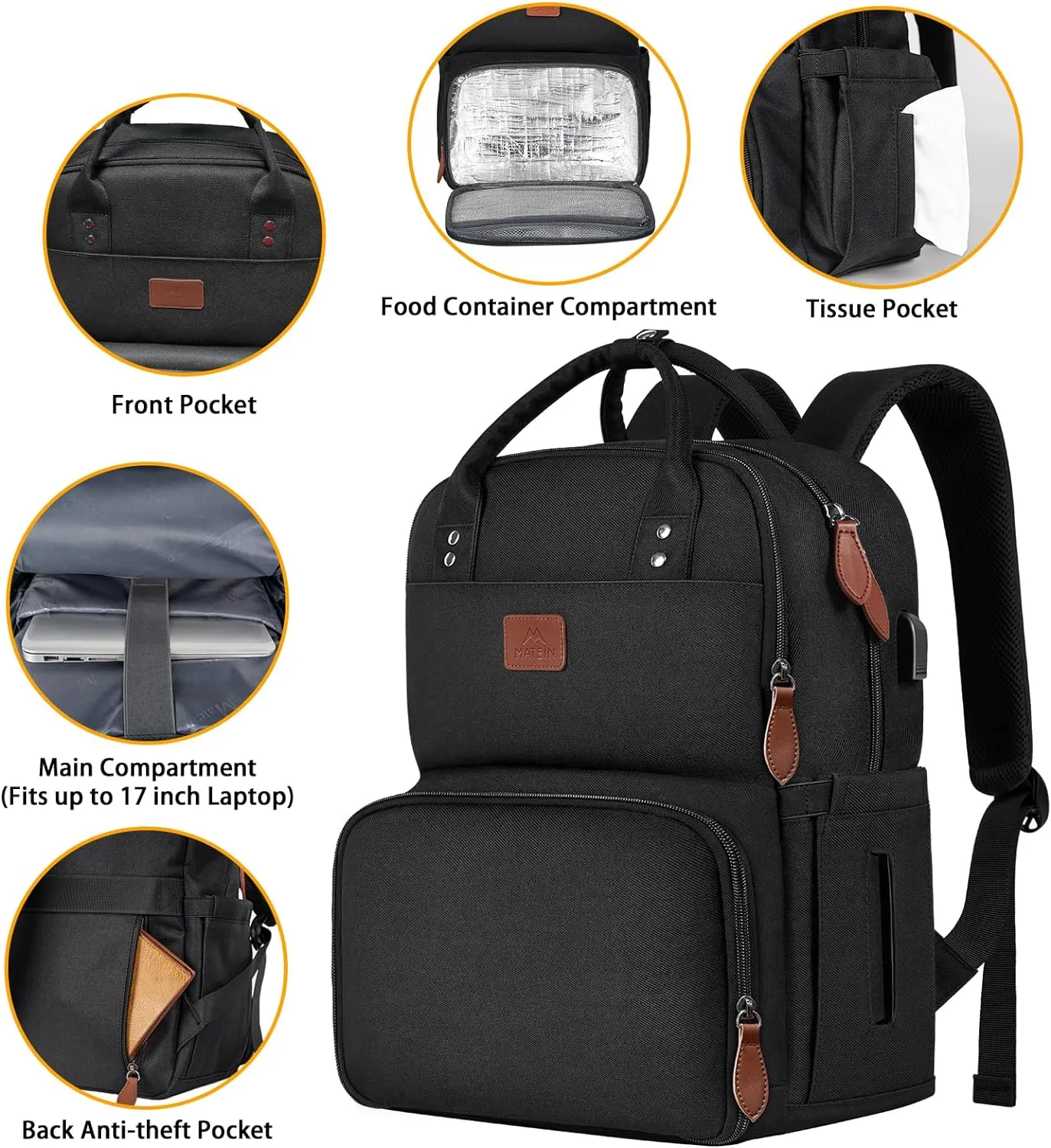 MATEIN 17 Inches Lunch Backpack, Extra Large Lunch Box with Insulated Cooler Compartment, Water Resistant Laptop Backpack with USB Charging Port for College Work Picnic Beaches