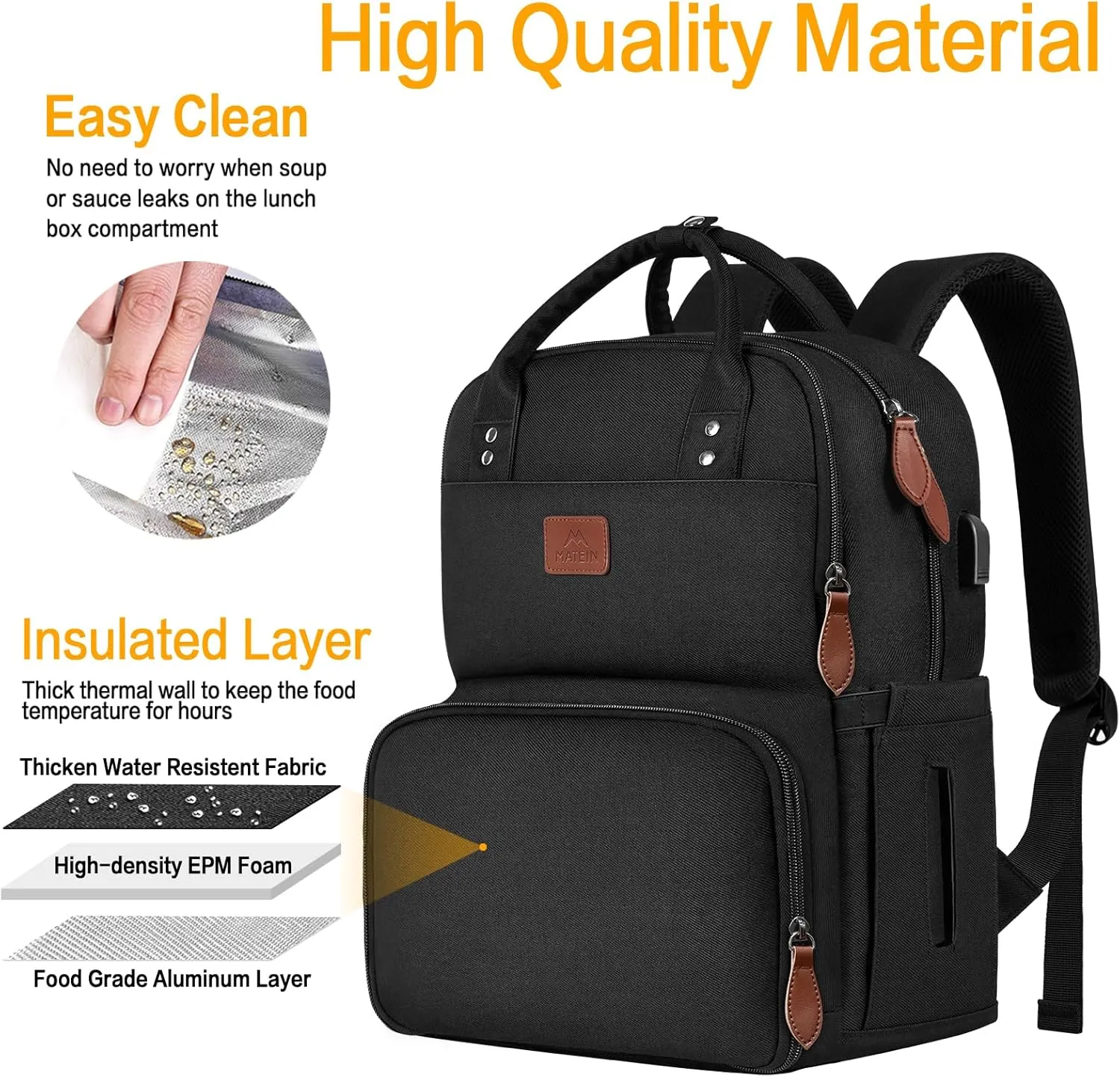 MATEIN 17 Inches Lunch Backpack, Extra Large Lunch Box with Insulated Cooler Compartment, Water Resistant Laptop Backpack with USB Charging Port for College Work Picnic Beaches