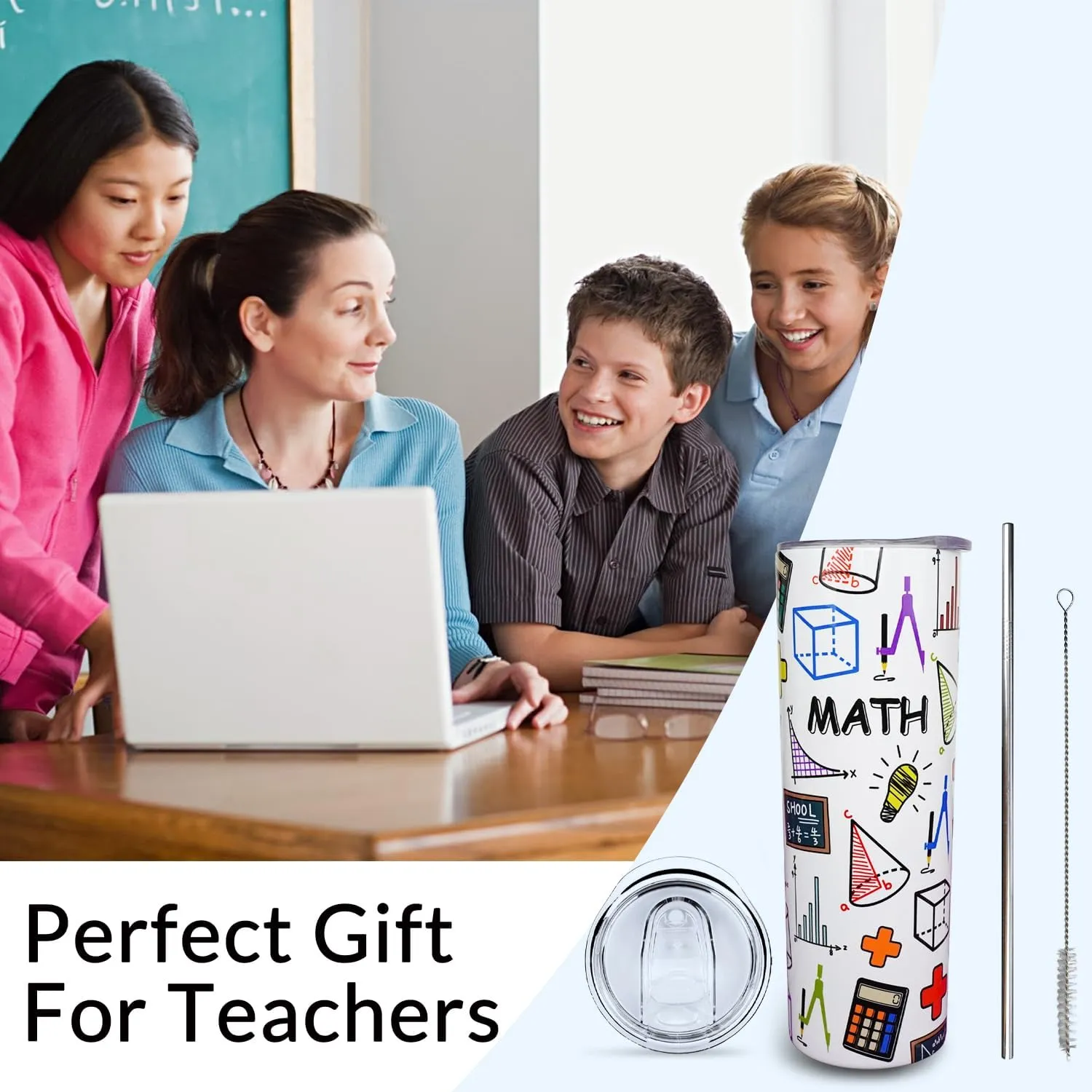 Math Teacher Gift Mug Tumbler Cup for Women Men - 20 Oz Stainless Steel Insulated Water Bottle With Lid and Straw