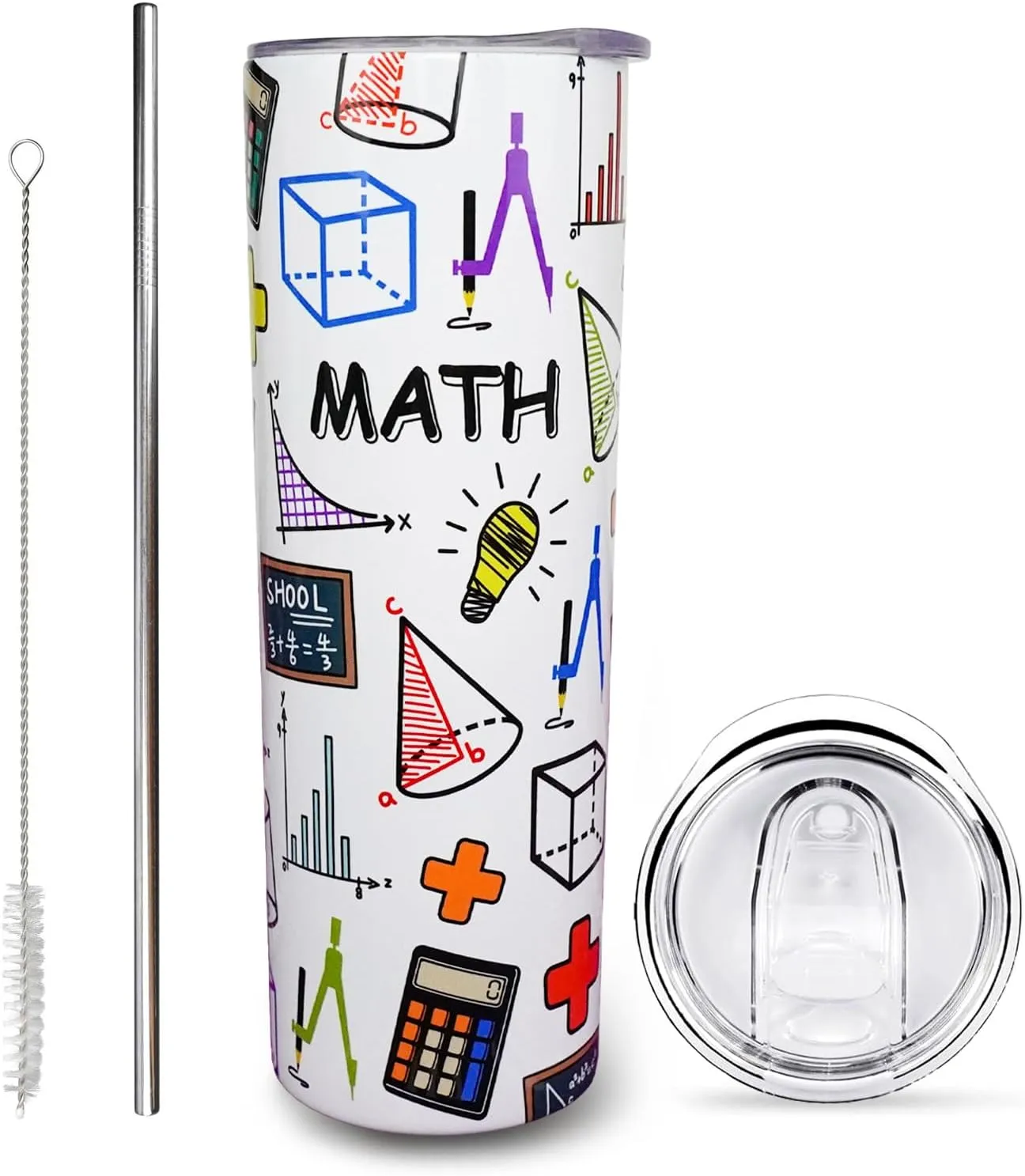 Math Teacher Gift Mug Tumbler Cup for Women Men - 20 Oz Stainless Steel Insulated Water Bottle With Lid and Straw
