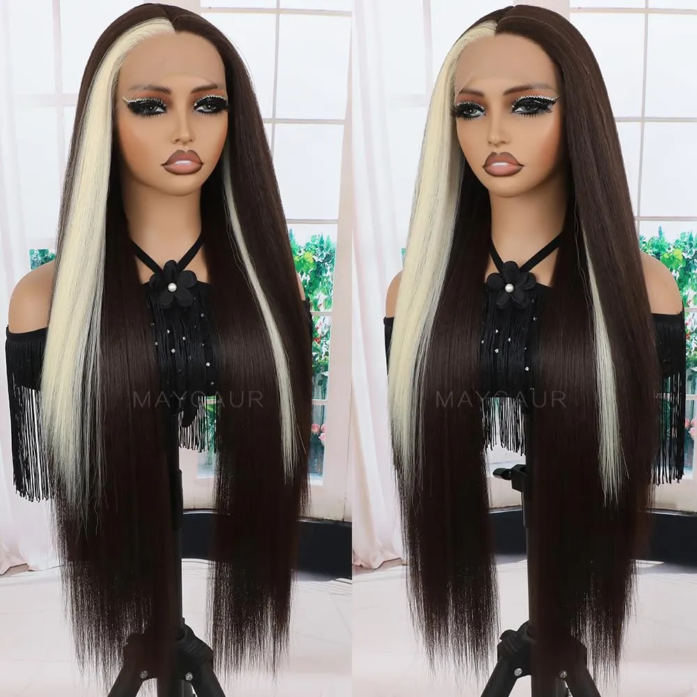 Maycaur 613 Blonde Brown Hair Lace Front Wigs for Women Light Yaki Glueless Skunk Stripe Lace Wig Natural Hairline Pre-Plucked Long Straight Synthetic Wigs for Daily Party Cosplay Use