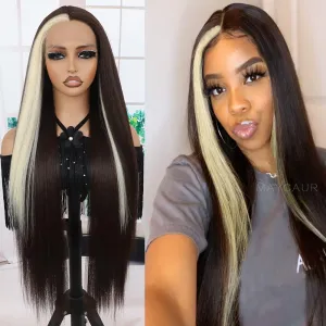 Maycaur 613 Blonde Brown Hair Lace Front Wigs for Women Light Yaki Glueless Skunk Stripe Lace Wig Natural Hairline Pre-Plucked Long Straight Synthetic Wigs for Daily Party Cosplay Use