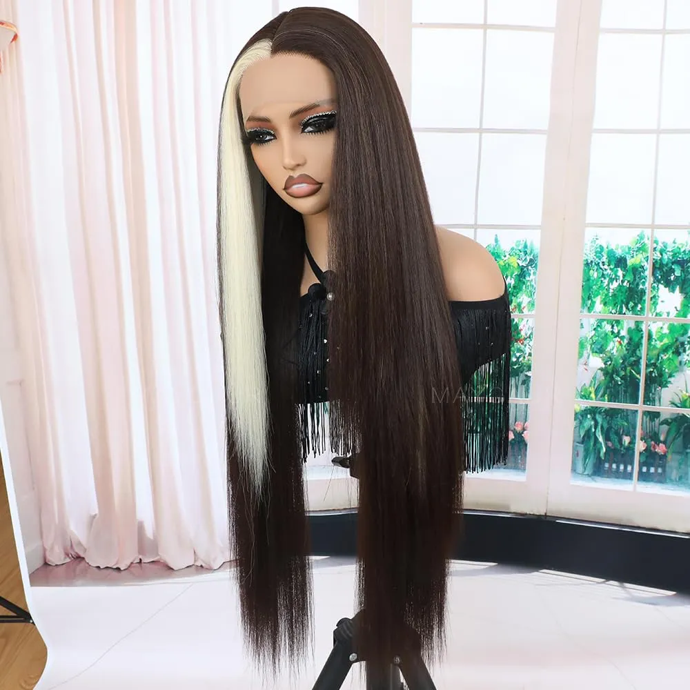 Maycaur 613 Blonde Brown Hair Lace Front Wigs for Women Light Yaki Glueless Skunk Stripe Lace Wig Natural Hairline Pre-Plucked Long Straight Synthetic Wigs for Daily Party Cosplay Use