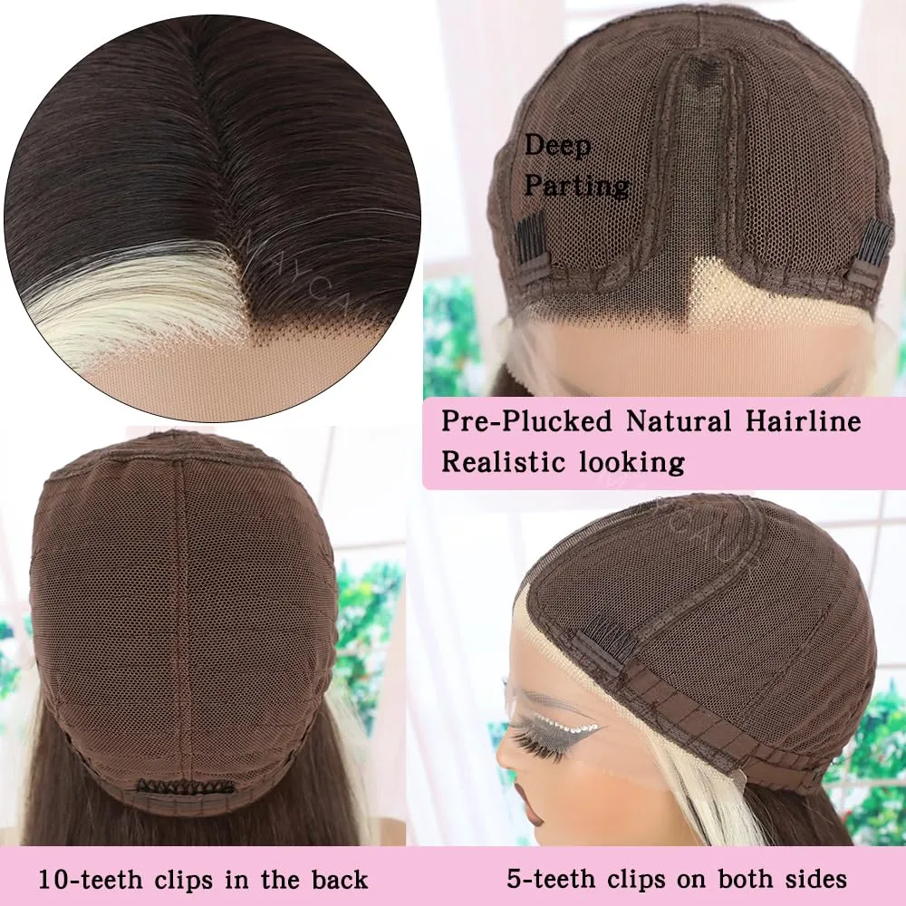 Maycaur 613 Blonde Brown Hair Lace Front Wigs for Women Light Yaki Glueless Skunk Stripe Lace Wig Natural Hairline Pre-Plucked Long Straight Synthetic Wigs for Daily Party Cosplay Use