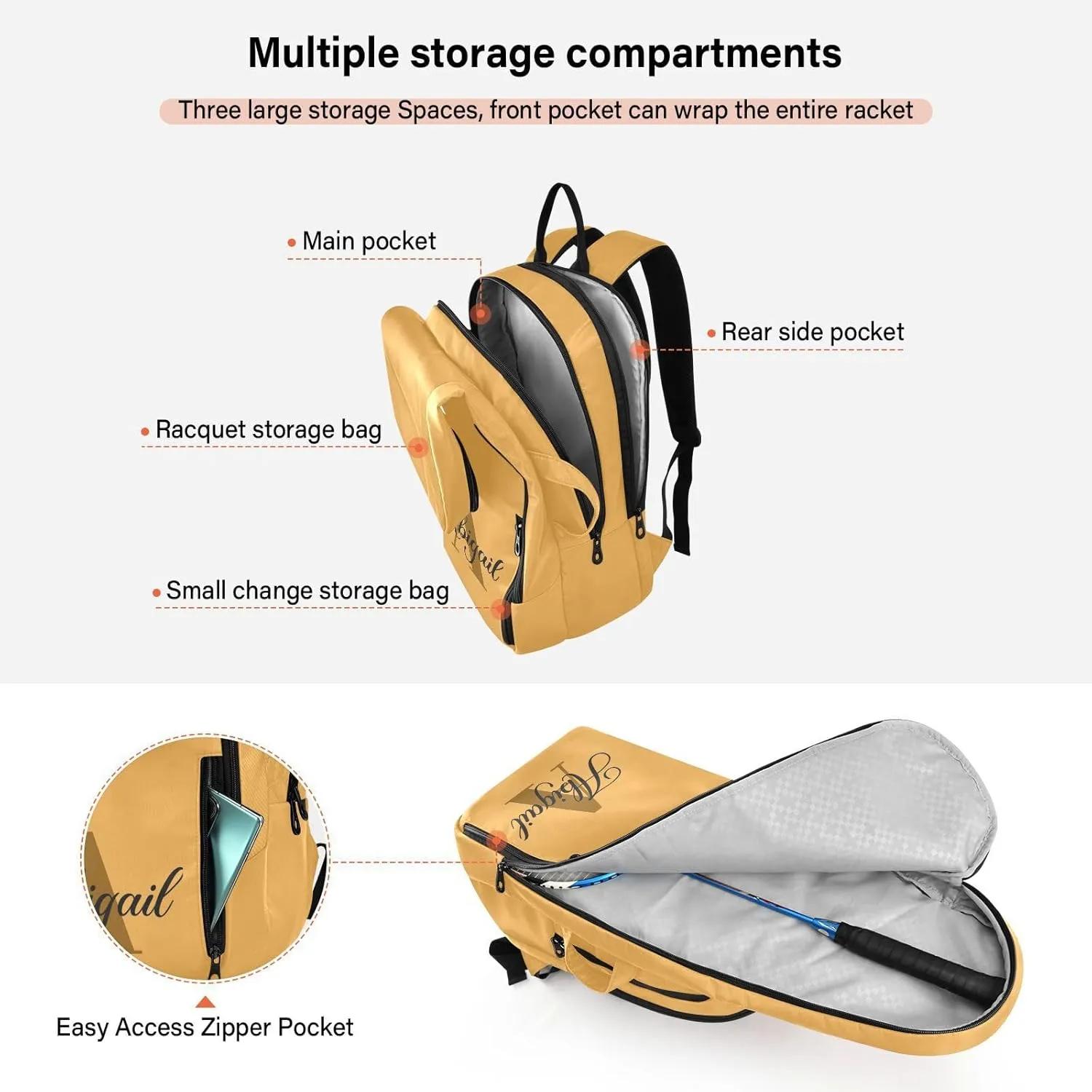 MCHIVER Mustard Yellow Custom Tennis Bags for Men Women Personalized Tennis Backpack Hold 2 Rackets Padel Sports Bag 11.81 * 7.87 * 17.11in