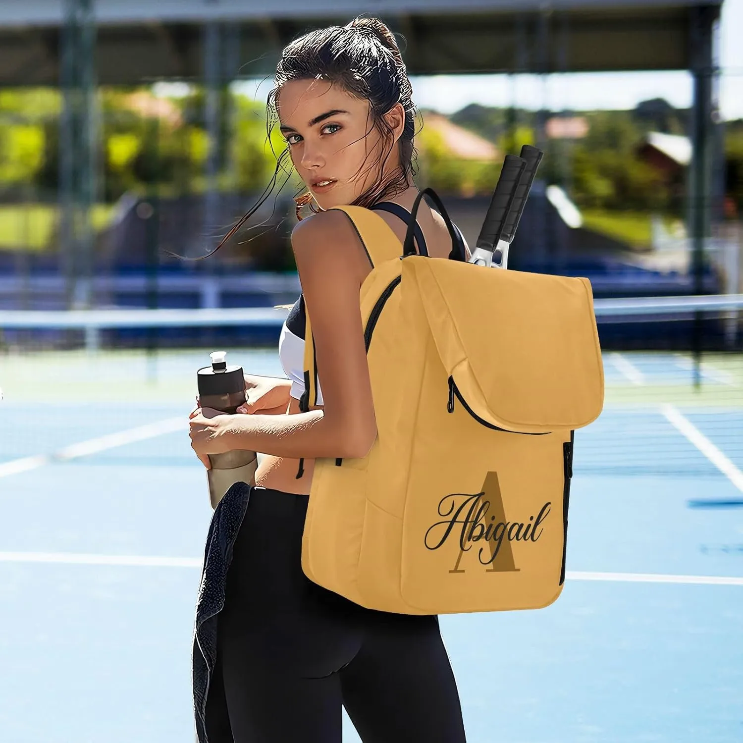 MCHIVER Mustard Yellow Custom Tennis Bags for Men Women Personalized Tennis Backpack Hold 2 Rackets Padel Sports Bag 11.81 * 7.87 * 17.11in