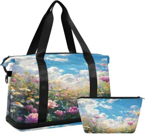 Meadow Filled Roses Gym Bag - Weekender Overnight Bags for Women Men, Sport Travel Duffel Bag with Wet Pocket & Shoe Compartment