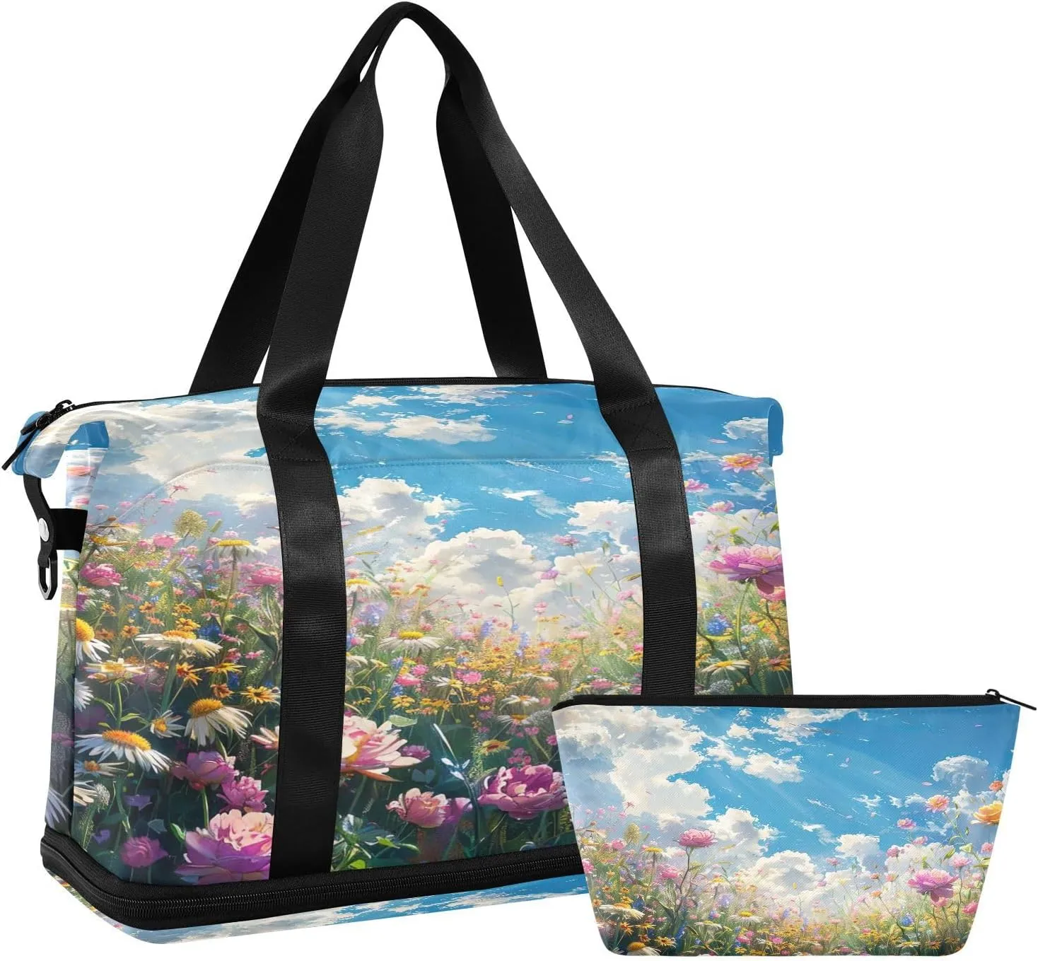 Meadow Filled Roses Gym Bag - Weekender Overnight Bags for Women Men, Sport Travel Duffel Bag with Wet Pocket & Shoe Compartment