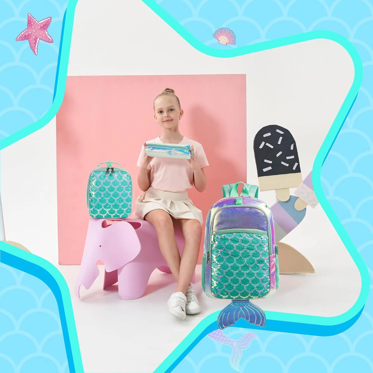Meetbelify Backpack for Girls Mermaid Magic Sequin School Bag with Lunch Box Girls Backpack Set for Elementary Preschool Bookbag